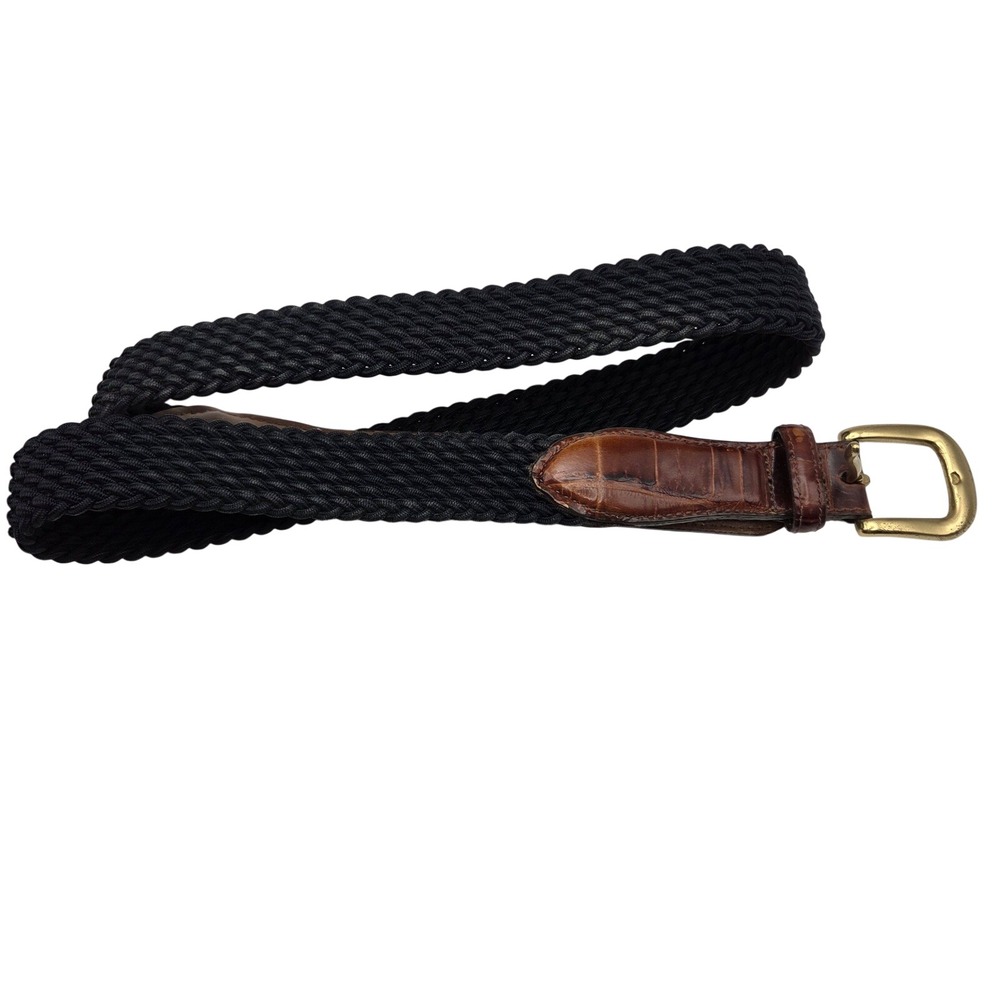 Brighton Woven Stretch Black Belt Brown Leather Trim Solid Brass Buckle Size 36
